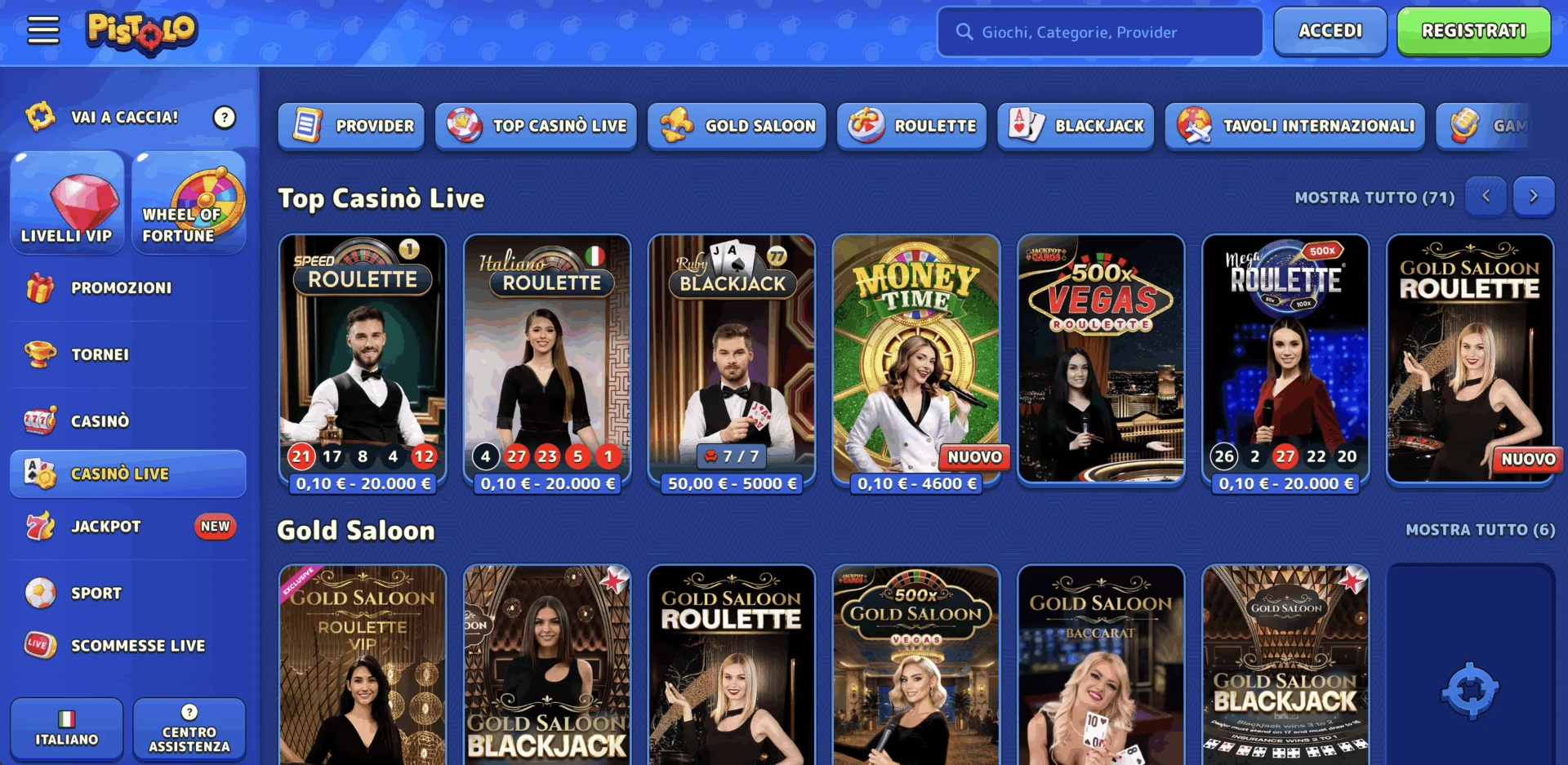 Tavoli di casinò live su Pistolo Casinò
